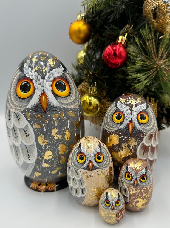 New Owls Nesting Eggs Matryoshka Eggs 5 pcs 14 cm/5.5 in. Christmas ornaments Gift for Mom Christmas present for kids Room Decor Home Decor