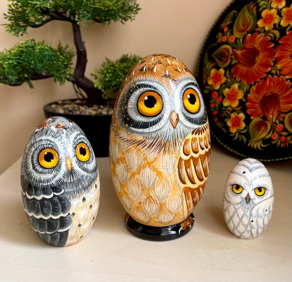 Cute Owls Family Nesting Eggs Wooden Matryoshka Dolls