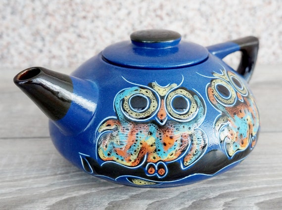 Blue handmade ceramic teapot 33 oz Engraved and painted teapot pottery New home gift for sister or brother Tea pot ceramic