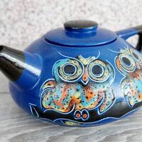 Blue handmade ceramic teapot 33 oz Engraved and painted teapot pottery New home gift for sis...