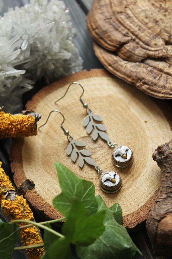 Owl Leaf Earrings, Barn Owl Dangle and Drop Earrings, Bird Jewelry, Woodland Witchy Earrings, Forest Owl Jewelry