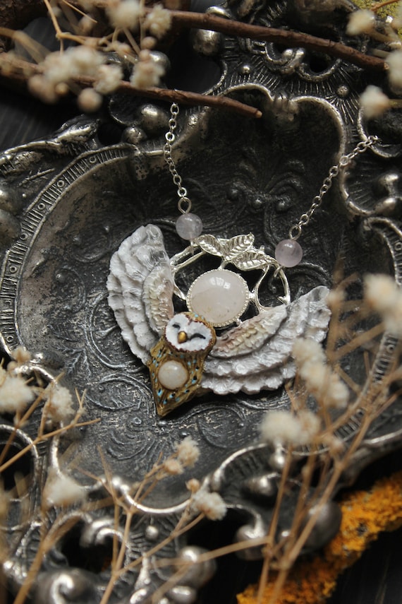 Barn Owl Necklace with Rose Quartz