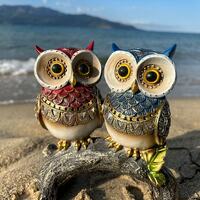 Unique Handcrafted Figurine: Vintage Look Owls in Blue and Red