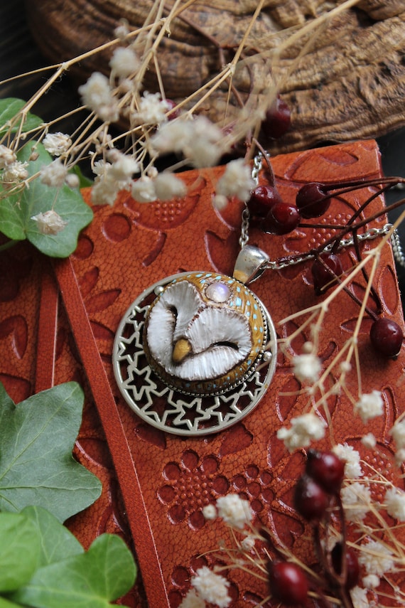 Starry Barn Owl Moonstone Necklace, Barn Owl Charm, Owl Spirit Jewelry, Tyto Alba Charm