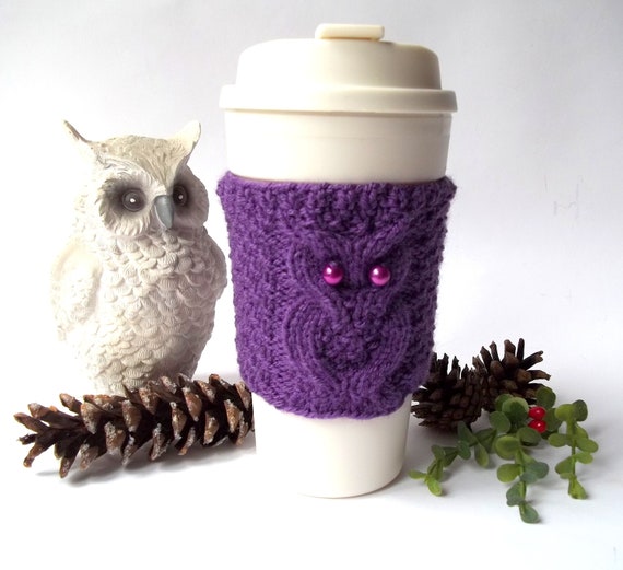 Purple Owl Cup Cozy, Hand Knit Coffee Mug Cozy, Reusable Paper Cup Sleeve, Eco Friendly Coffee Cup Jacket, Travel Cup Cozy.