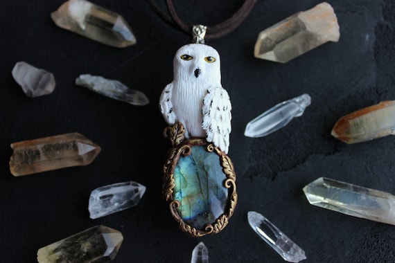 White owl necklace Labradorite jewelry Polar owl Snow owl pendant Winter Mood One of a kind
