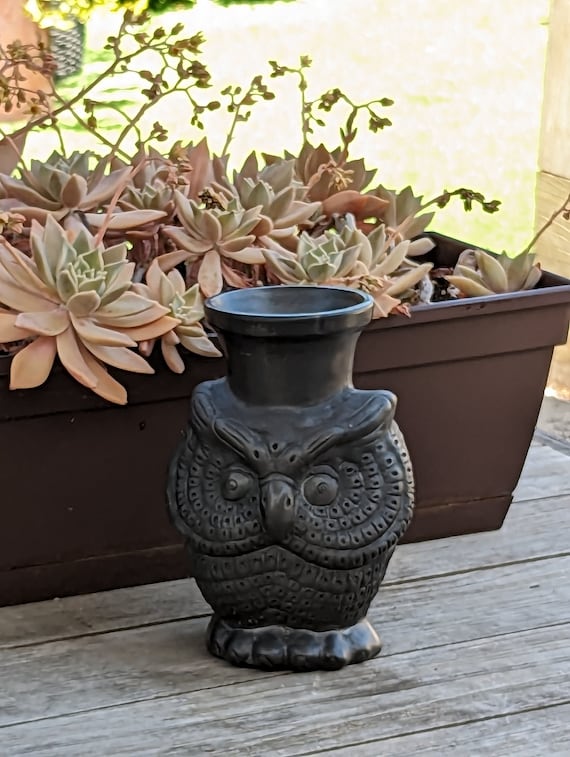 Black Owl Vase in Clay Dried Flower Pot, Handmade Mexican Pottery from Atzompa Mexico, Home Indoor Decor as Floral Centerpiece