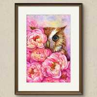 Original Watercolor Owl Painting &ndash; Floral Peony Art (7.5x11 inches)