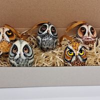 Christmas ornaments Owls Wooden eggs Holidsy tree decorations 5 in set Hand made in Ukraine ...