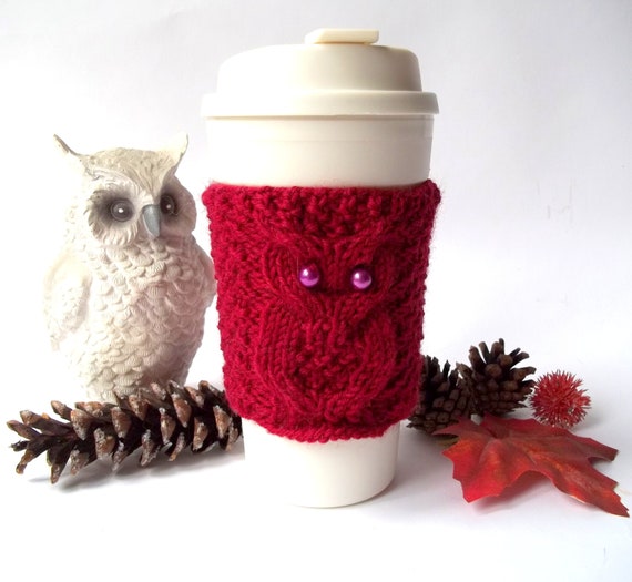 Burgundy Owl Cup Cozy, Hand Knit Coffee Mug Cozy, Reusable Paper Cup Sleeve, Eco Friendly Coffee Cup Jacket, Travel Cup Cozy.