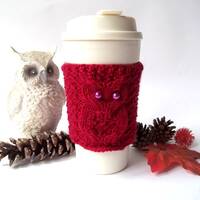 Burgundy Owl Cup Cozy, Hand Knit Coffee Mug Cozy, Reusable Paper Cup Sleeve, Eco Friendly Co...