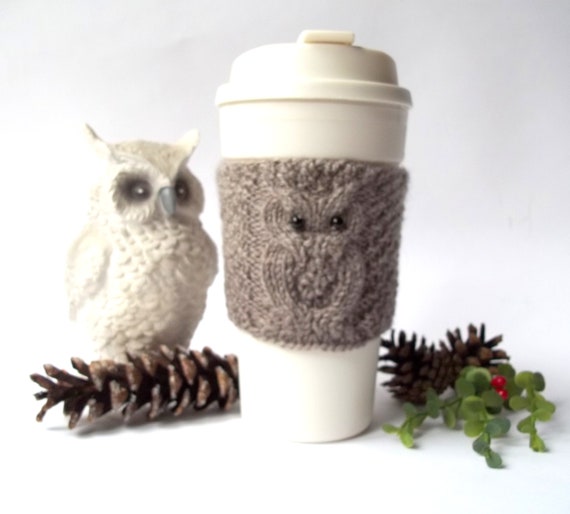 Brown Owl Cup Cozy, Hand Knit Coffee Mug Cozy, Reusable Paper Cup Sleeve, Eco Friendly Coffee Cup Jacket, Travel Cup Cozy.