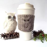 Brown Owl Cup Cozy, Hand Knit Coffee Mug Cozy, Reusable Paper Cup Sleeve, Eco Friendly Coffe...
