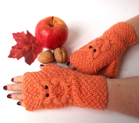 Orange Owl Gloves, Knit Fingerless Owl Mittens, Knitted Fingerless Gloves, Knit Wrist Warmers, Hand Knit Gloves, Cute Gift for Her