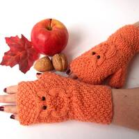 Orange Owl Gloves, Knit Fingerless Owl Mittens, Knitted Fingerless Gloves, Knit Wrist Warmer...