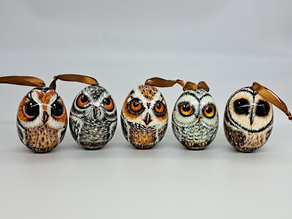 Christmas ornaments Owls Wooden eggs Holidsy tree decorations 12 in set Hand made in Ukraine Home room decor