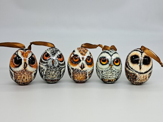 Christmas ornaments Owls Wooden eggs Holidsy tree decorations 12 in set Hand made in Ukraine Home room decor