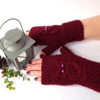 Burgundy Owl Gloves, Knit Fingerless Owl Mittens, Knitted Fingerless Gloves, Knit Wrist Warm...