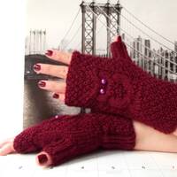 Burgundy Owl Gloves, Knit Fingerless Owl Mittens, Knitted Fingerless Gloves, Knit Wrist Warm...