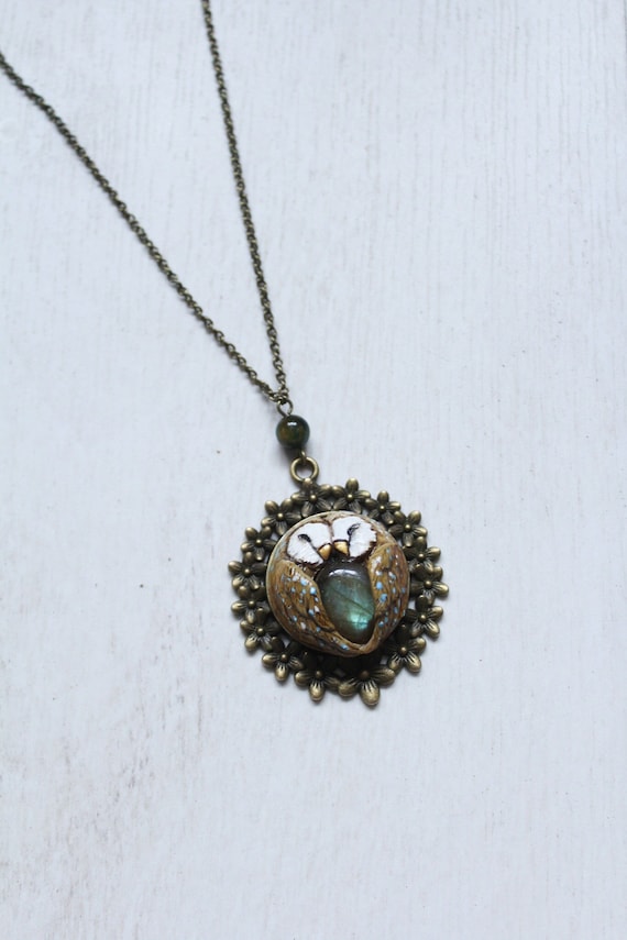 Barn Owl Love Labradorite Necklace, Two Barn Owls Pendant, Owl Love Charm, Tyto Alba Jewelry, Witchy Owl Love Charm