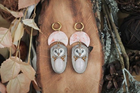 Barn owl earrings Owl jewelry Bird earrings Owl gift Woodland earrings  Large earrings Statement earrings Bold earrings Quirky earrings