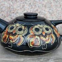 Black stoneware teapot with owls and oak leaves Handmade ceramic teapot Housewarming or wedd...