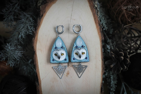 Snowy owl earrings Owl jewelry Bird earrings White owl lover gift Woodland earrings Moon statement earrings Bold earrings Quirky earrings