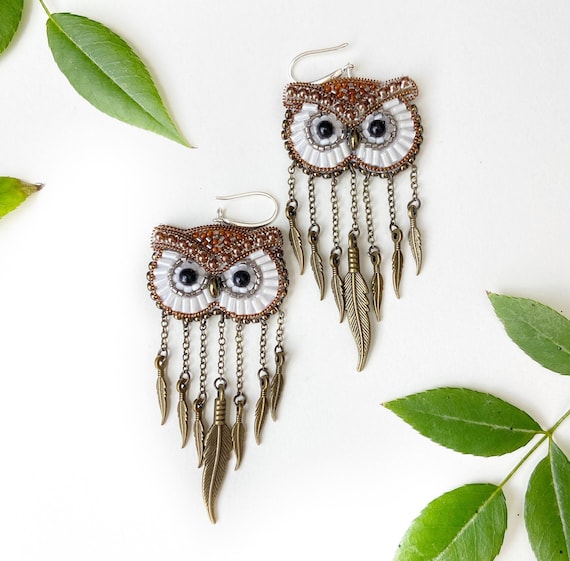 Owl beaded earrings in boho style, aesthetic bird earrings
