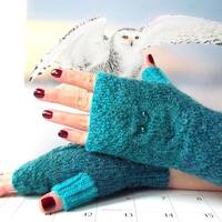 Teal White Owl Gloves, Knit Fingerless Mittens, Knitted Fingerless Gloves, Knit Wrist Warmer...