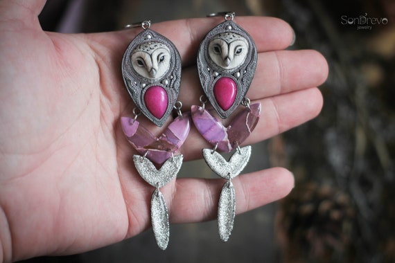 Barn owl earrings Owl jewelry Bird earrings Owl gift Woodland earrings  Large earrings Statement earrings Bold earrings Quirky earrings