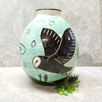 OWL VASE - Handmade Pottery -  Hand Painted Owl Moon Vase -  Owl Pottery - Flying Owl Vase -...