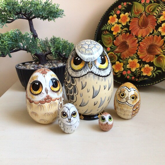 Cute Owls Family Nesting Egg 5pcs 5” Hand Painted Wooden Birds Home Decor, Unique Matryoshka Personalized Birthday Gift, Baby Owl Art Doll,