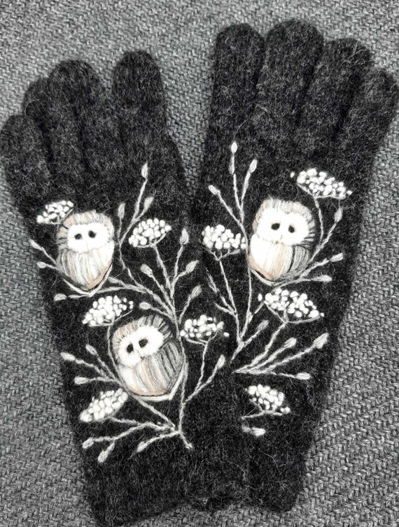 Knitted and felted winter gloves with embroidery owl,soft and casual Christmas gift,winter accessories.