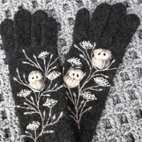Knitted and felted winter gloves with embroidery owl,soft and casual Christmas gift,winter a...