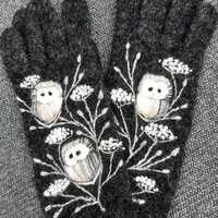 Knitted and felted winter gloves with embroidery owl,soft and casual Christmas gift,winter a...