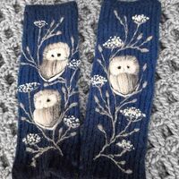 Knitted fingerless mittens with embroidery owl,soft and casual arm warmers,lovely Christmas ...