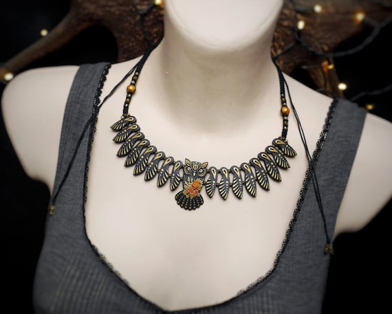 Black Owl Necklace Golden Autumn Night Bird Wings Floral Fall Jewelry