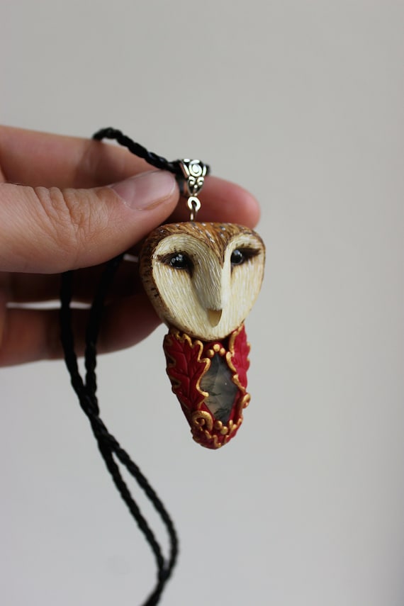 Owl pendant with stone Moss agate Jewelry bird Barn owl necklace Collectible jewelry Gift for wife Talisman Amulet