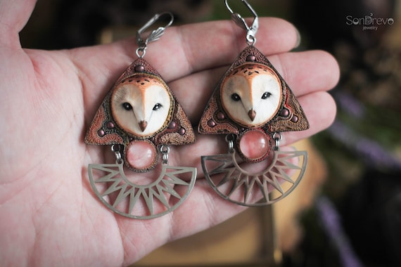 Light owl earrings Owl jewelry Bird earrings Owl lover gift Woodland earrings Long earrings Statement earrings Bold earrings Quirky earrings