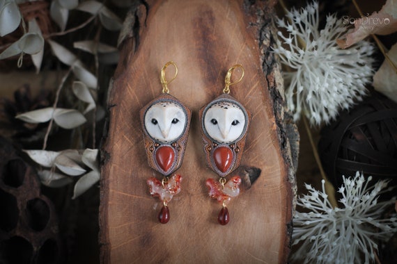 Barn owl earrings Owl jewelry Bird earrings Owl gift Woodland earrings Fringe earrings Statement earrings Bold earrings Quirky earrings