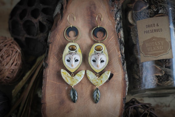 Owl earrings Moon earrings Bohemian jewelry Cottage core jewellery  Crescent moon earrings Night bird jewelry  Lunar earrings Forest jewelry
