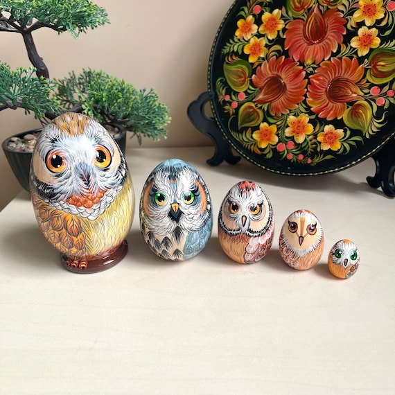 Cute Owls Nesting Doll 5pcs 4,4” Hand Painted Wooden Matryoshka, Owls Home Decor, Personalized Christmas Gift, Baby Owl Kids Room Ornament