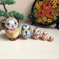 Cute Owls Nesting Doll 5pcs 4,4” Hand Painted Wooden Matryoshka, Owls Home Decor, Pers...