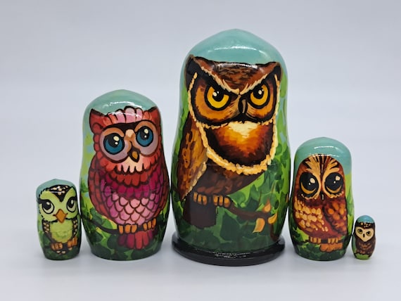 4" Nesting dolls Owl friends matryoshka 5 in 1 Made in Ukraine Wooden toy Stacking Russian doll gift for kids and collectors