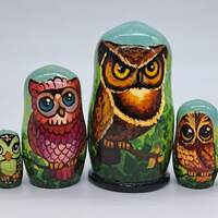 4" Nesting dolls Owl friends matryoshka 5 in 1 Made in Ukraine Wooden toy Stacking Russ...