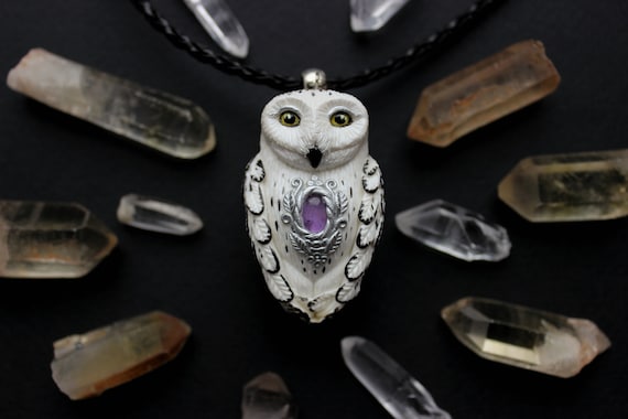 White Snowy Owl pendant with Amethyst