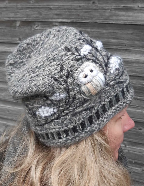 Hand knitted slouchy beanie hat with embroidery owl,soft and casual winter hat,lovely Christmas gift,owl collection.