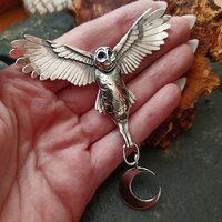 Silver Handmade owl ,wirh crescent moon drop flying sterling owl necklace in sterling silver