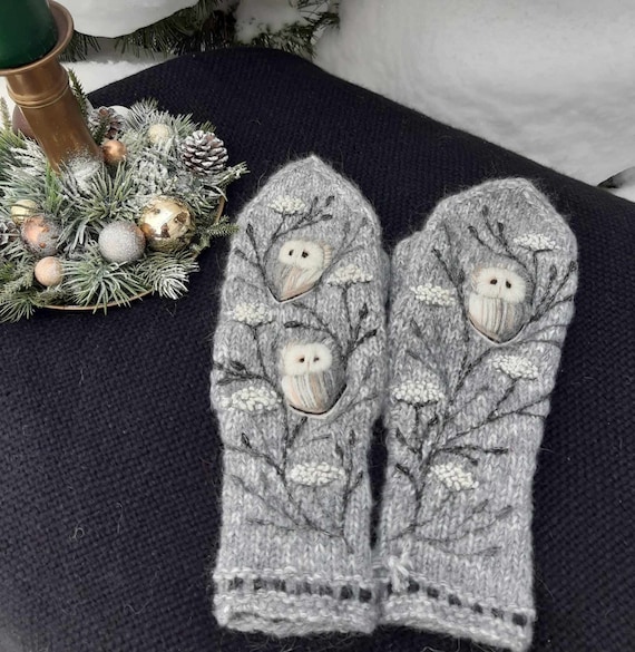 Hand knitted merino wool winter mittens with owl,soft and casual winter accessories,lovely Christmas gift,owl collection.