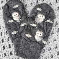 Knitted and felted lined winter mittens with embroidery owl,soft and casual winter accessori...